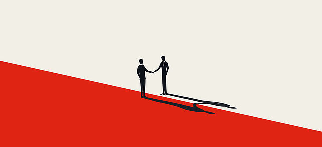 Illustriertes Bild von zwei Geschäftsleuten, die sich die Hand reichen.
