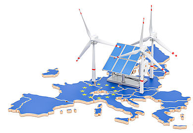 Illustration von Europas Landkarte, mit Bezug auf erneuerbare Energien.
